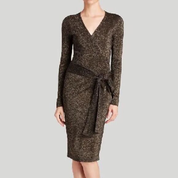 Diane Von‎ Furstenberg Lurex Evelyn Metallic Wrap Dress, Black/Gold, Small - Picture 1 of 15